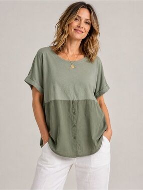 New Collection Sage Green Mixed Media Tunic Top XL Cotton Blend Short Sleeve
